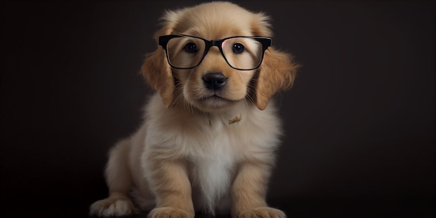 Puppy dog wearing glasses and a pair of on black background generative ai