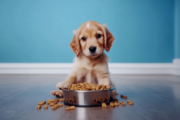 Photo a puppy dog with bowl of food on color isolated background with copy space