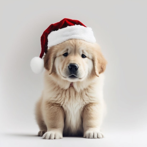 Puppy dog with christmas hat on white background Generative AI technology