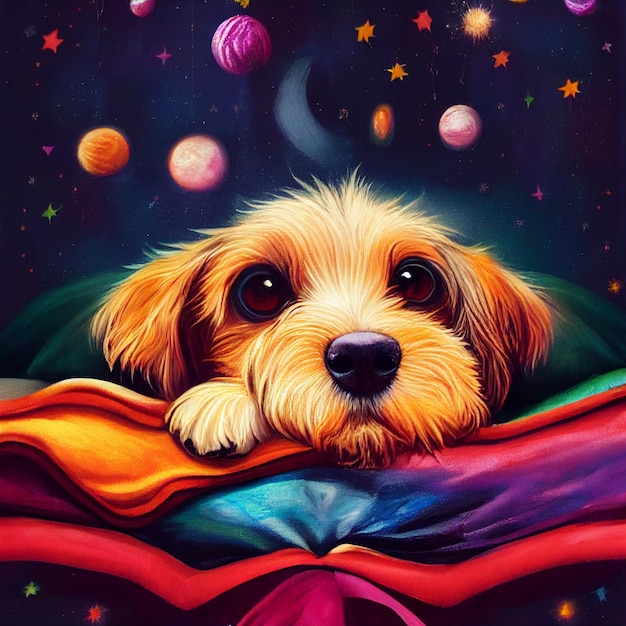 Puppy dog with space universe background illustration