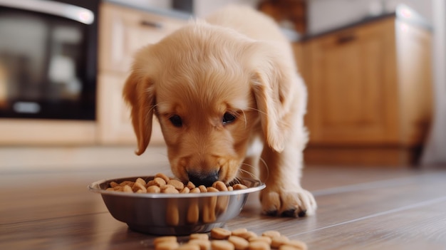 Puppy Eating from Bowl in Kitchen