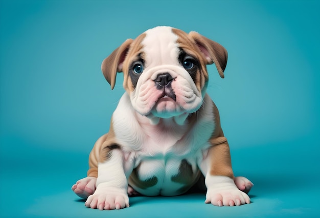 puppy English bulldog puppy looking at the camera sitting on a turquoise blue background