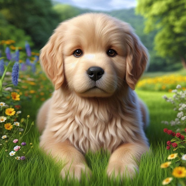 a puppy in a field of flowers with a picture of a dog