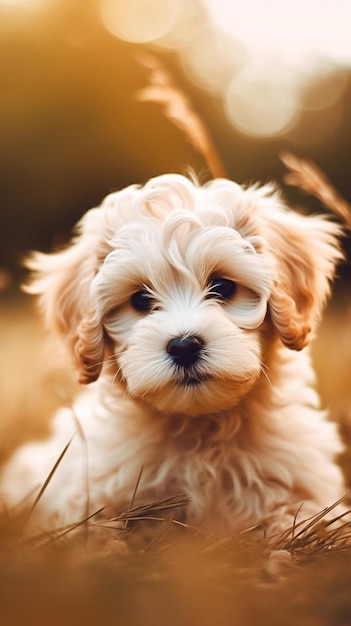 A puppy in a field of wheat