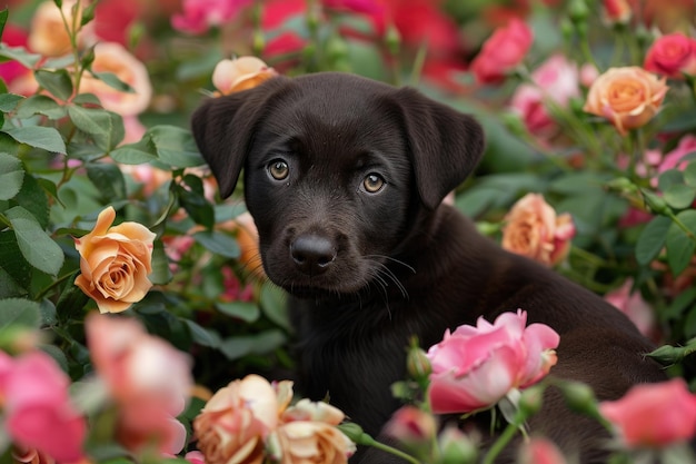 Puppy in a Garden of Beautiful Roses