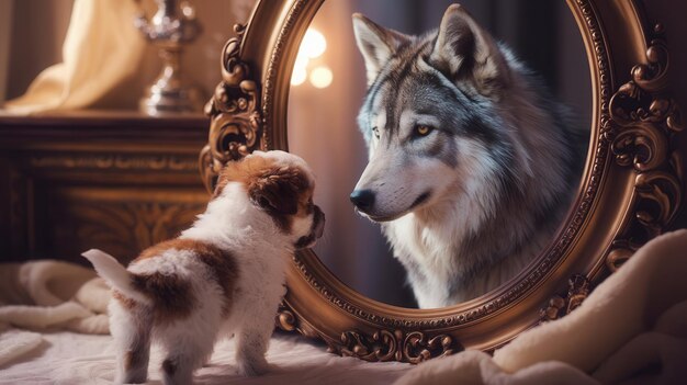 Photo puppy gazing at reflection with wolf in ornate oval mirror