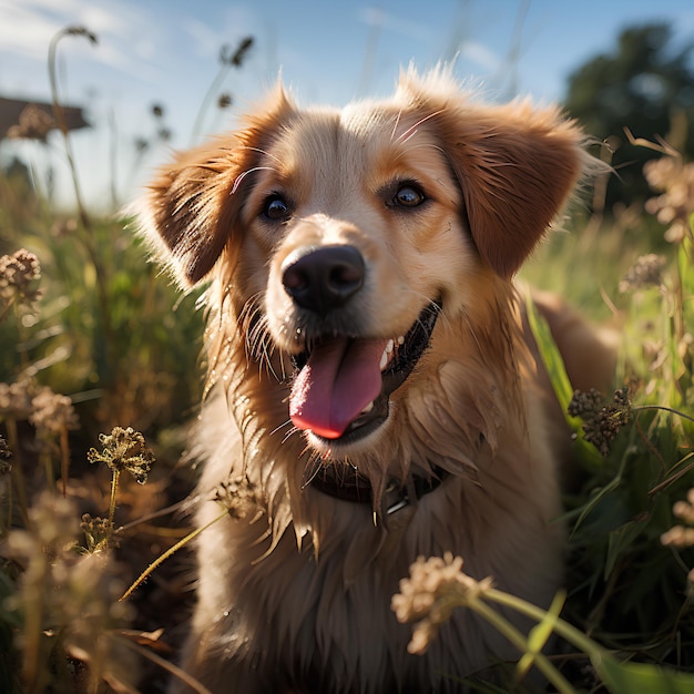 A puppy is happy in the grass