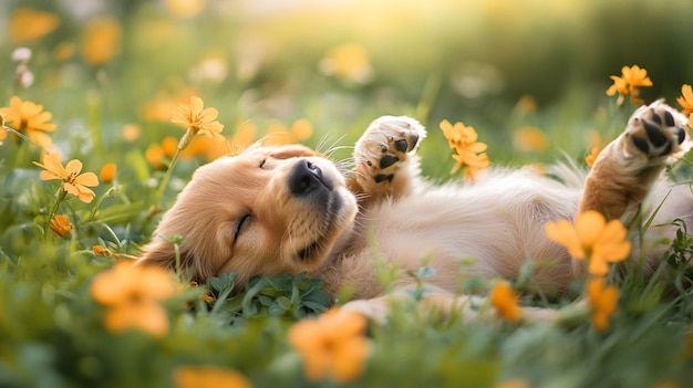 a puppy is laying in the grass with flowers in the background