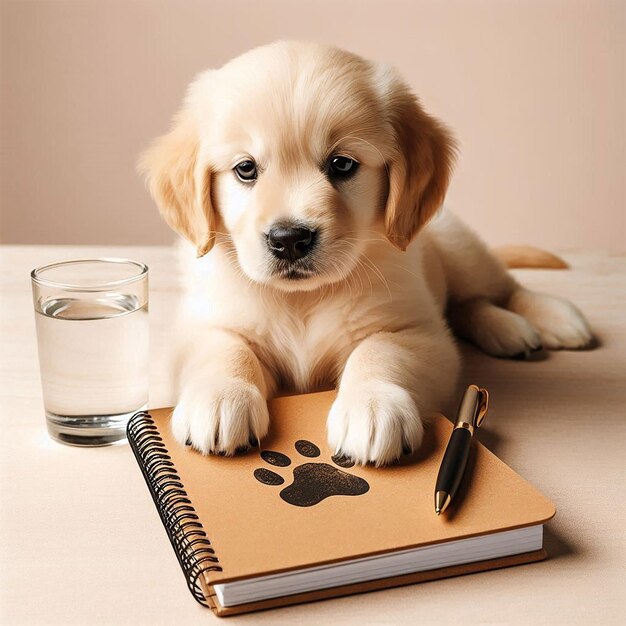 Photo a puppy is laying on a notebook with a pen and a pen on it