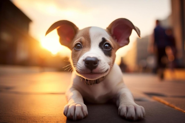 a puppy is laying on a sidewalk in the sun