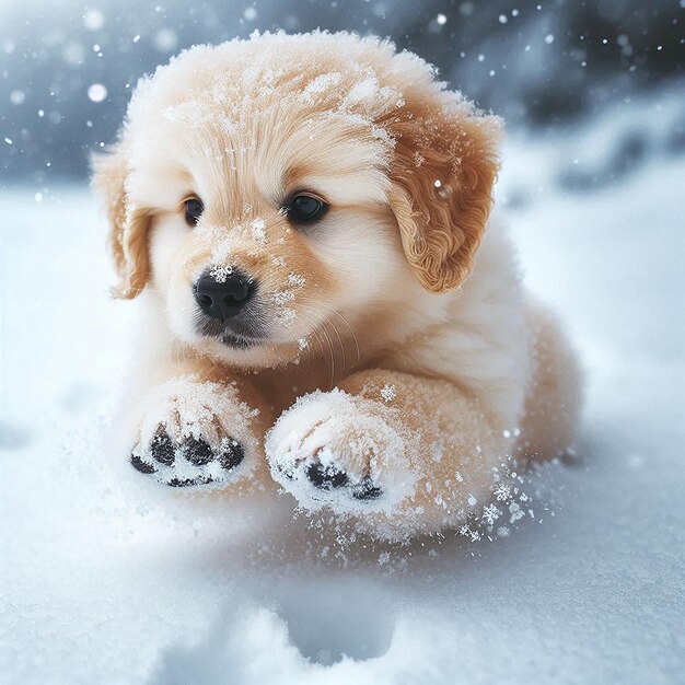 Photo a puppy is laying in the snow with snow on its face