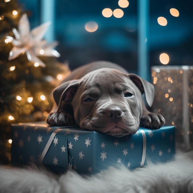 A puppy is laying on a wrapped present next to a christmas tree.