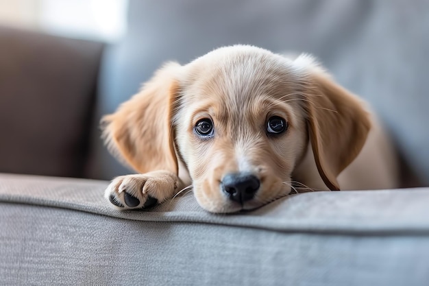 A puppy is looking over the edge of a couch.