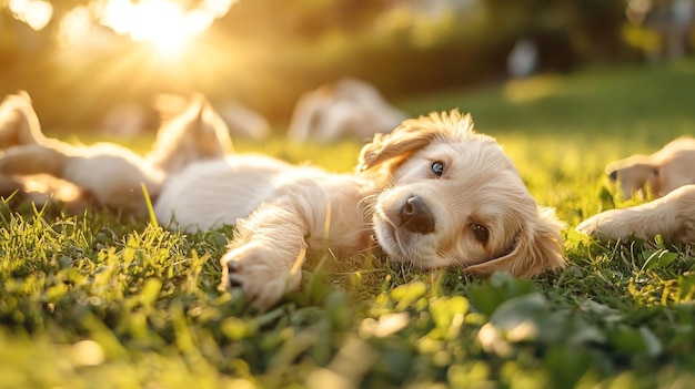 a puppy is lying in the grass with the sun behind him