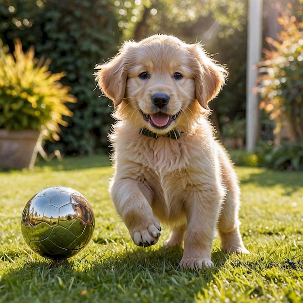 Photo a puppy is playing with a ball in the grass