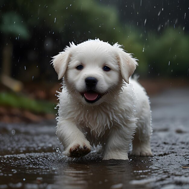 a puppy is running in the rain with the rain falling on his face