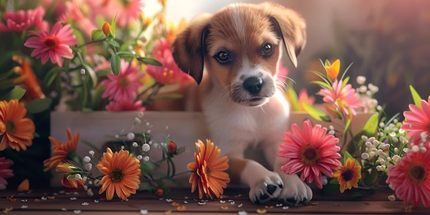 Photo a puppy is sitting in front of some flowers