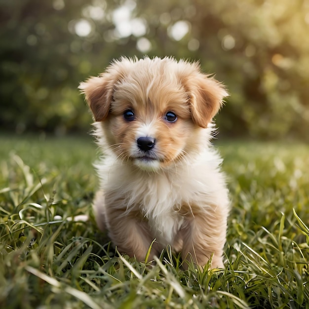 a puppy is sitting in the grass with the sun behind him