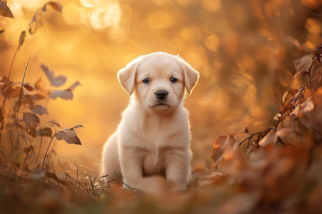 a puppy is sitting in the grass with the sun behind him