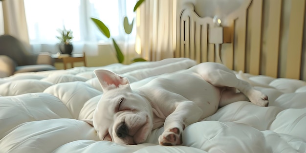 Puppy is sleeping on white mattress hotel room Ai Generated