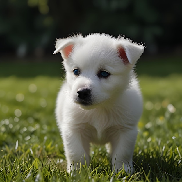 a puppy is standing in the grass with his eyes open