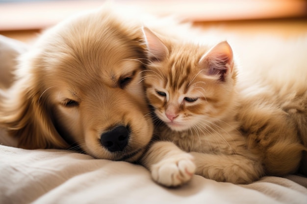 A puppy and a kitten cuddling affectionately on the bed showing their strong bond and friendship