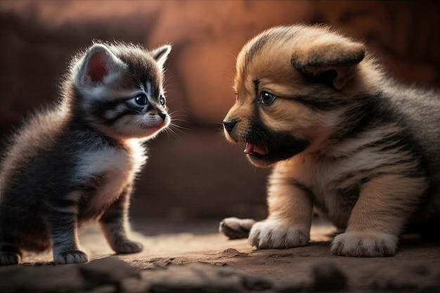 Puppy and kitten playing together showing their unique mix of personalities