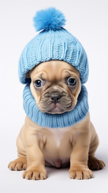 Puppy in a knitting blue hat isolated on a white background