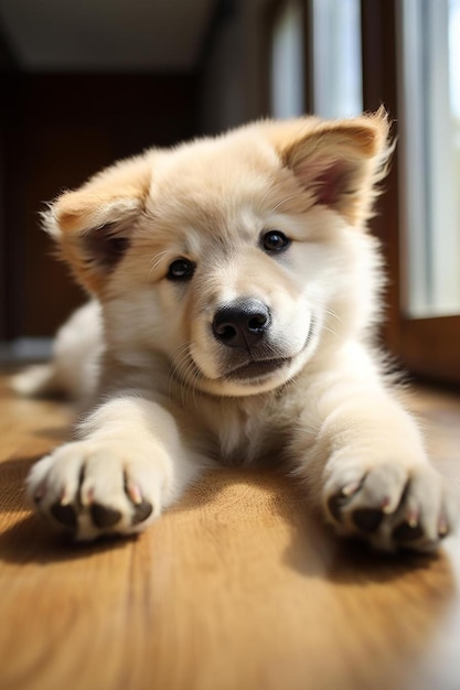 a puppy laying on the floor with his paws on the floor