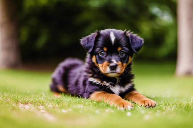 A puppy laying on the grass with a green background