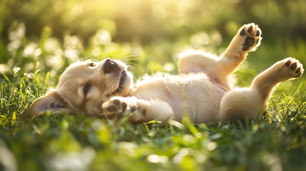 a puppy laying in the grass with the sun behind him