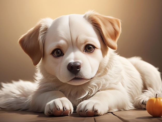 a puppy laying on the ground with a brown background