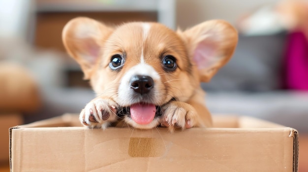 Puppy licking a cardboard box with a happy expression