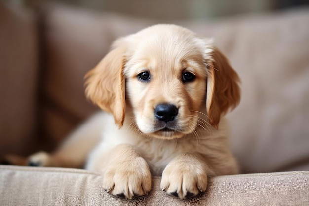 a puppy lying on a couch