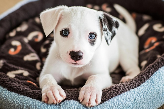 Photo puppy lying on a cozy bed photo