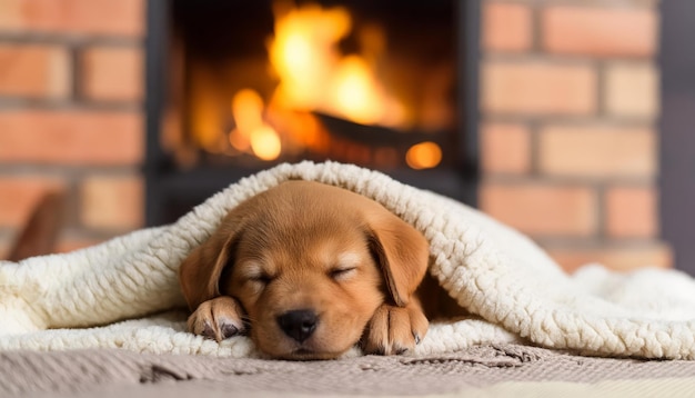 A puppy naps peacefully by a roaring fireplace