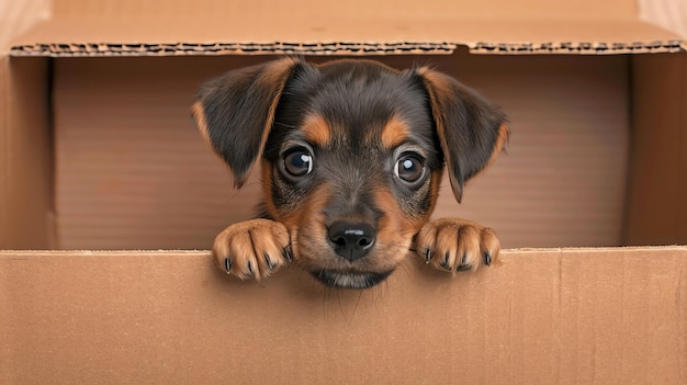 Photo puppy peeking out from behind a cardboard box with big curious eyes