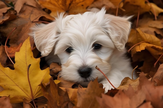 A puppy in a pile of autumn leaves