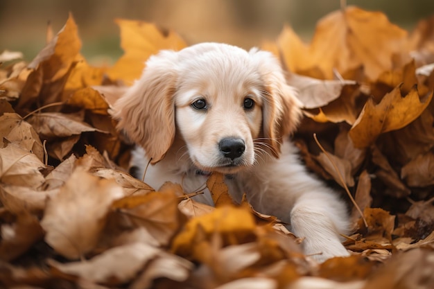 A puppy in a pile of leaves