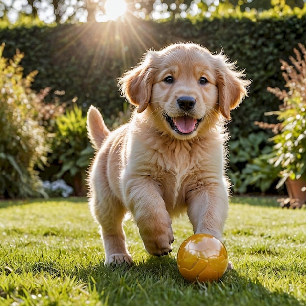 Photo a puppy playing with an apple in the grass