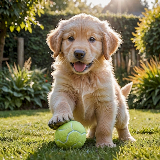 Photo a puppy playing with a ball in the grass