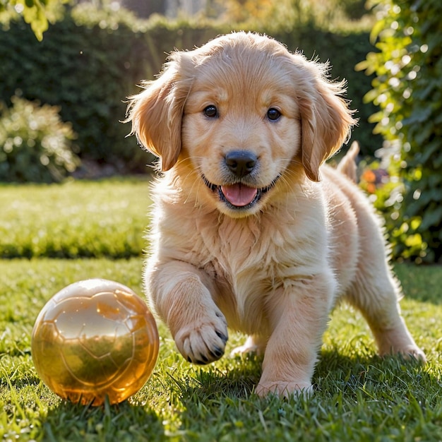 Photo a puppy playing with a ball in the grass