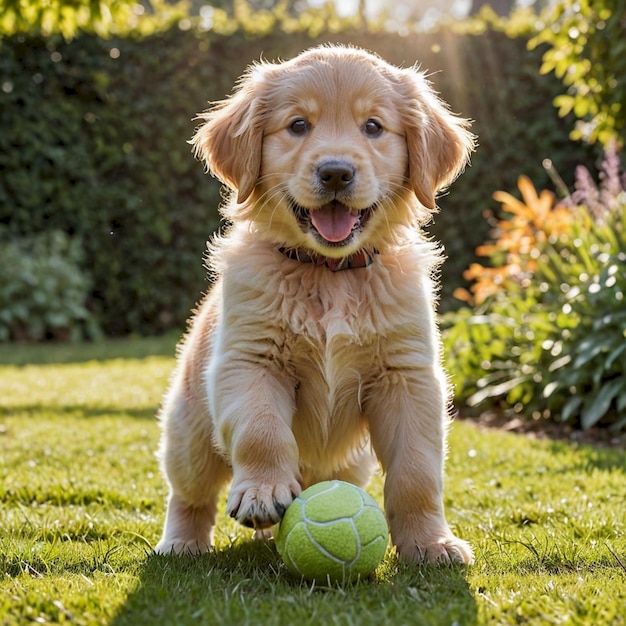 a puppy playing with a ball in the grass