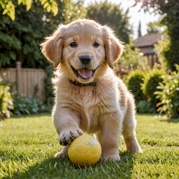 a puppy playing with a ball in the grass