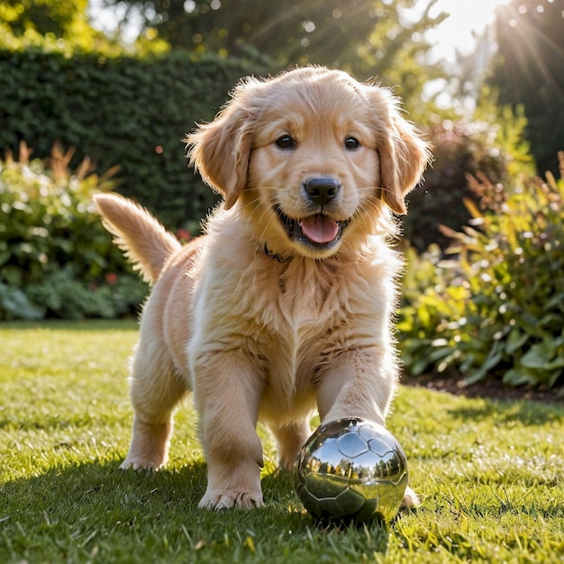 a puppy playing with a ball in the grass