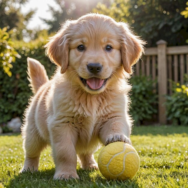 Photo a puppy playing with a ball in the grass