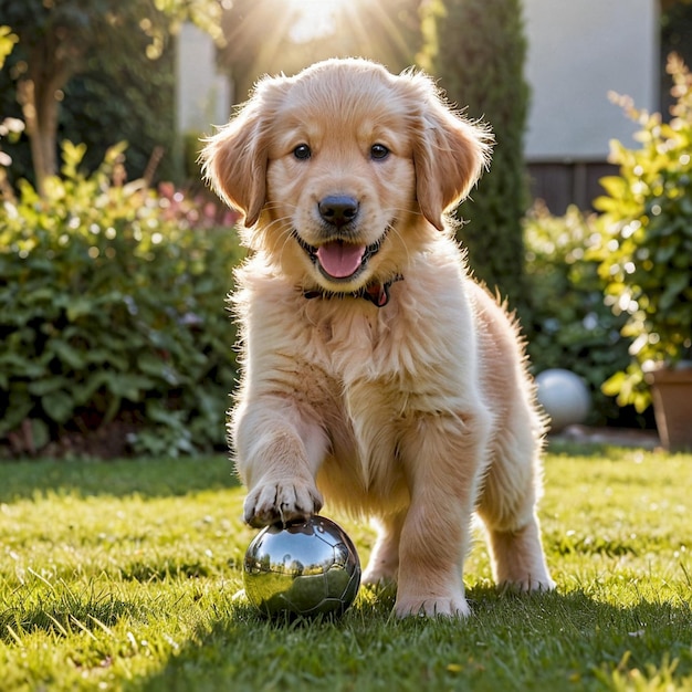 a puppy playing with a ball in the grass