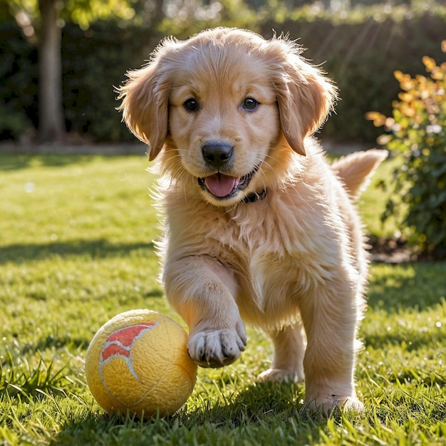 a puppy playing with a ball in the grass