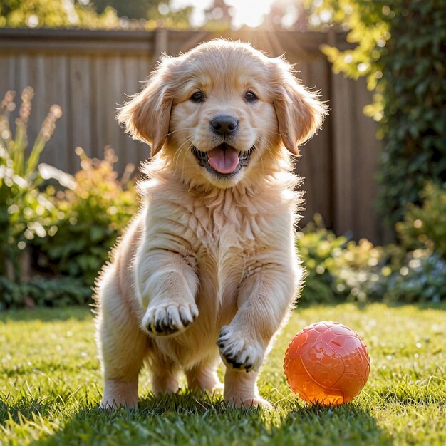 a puppy playing with a ball in the grass