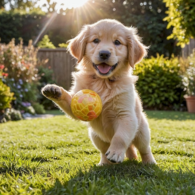 Photo a puppy playing with a ball in the grass